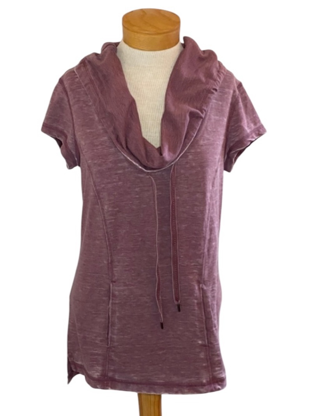 NWT Halcyon Burnout Athletic Purple Cowl Neck Short Sleeve Tunic Top Medium